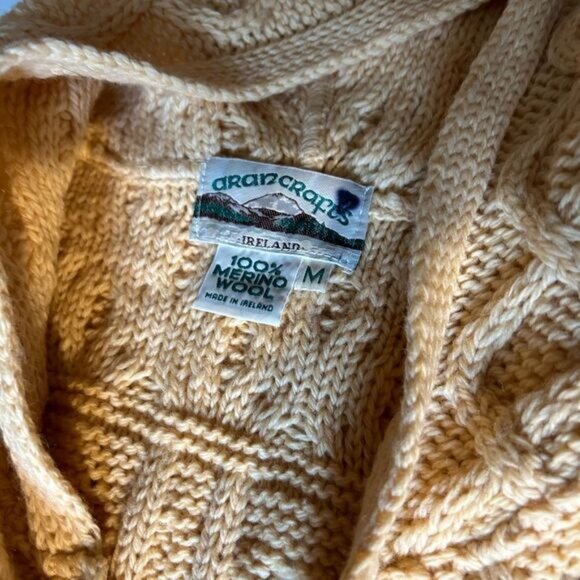 Aran Crafts women’s Yellow Full Zip Wool Cardigan with Hood Size M - Picture 4 of 8